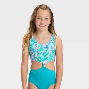 Girls’ Floral Printed Tropical Twist Swimsuit - Art Class - Light Blue XL (14)